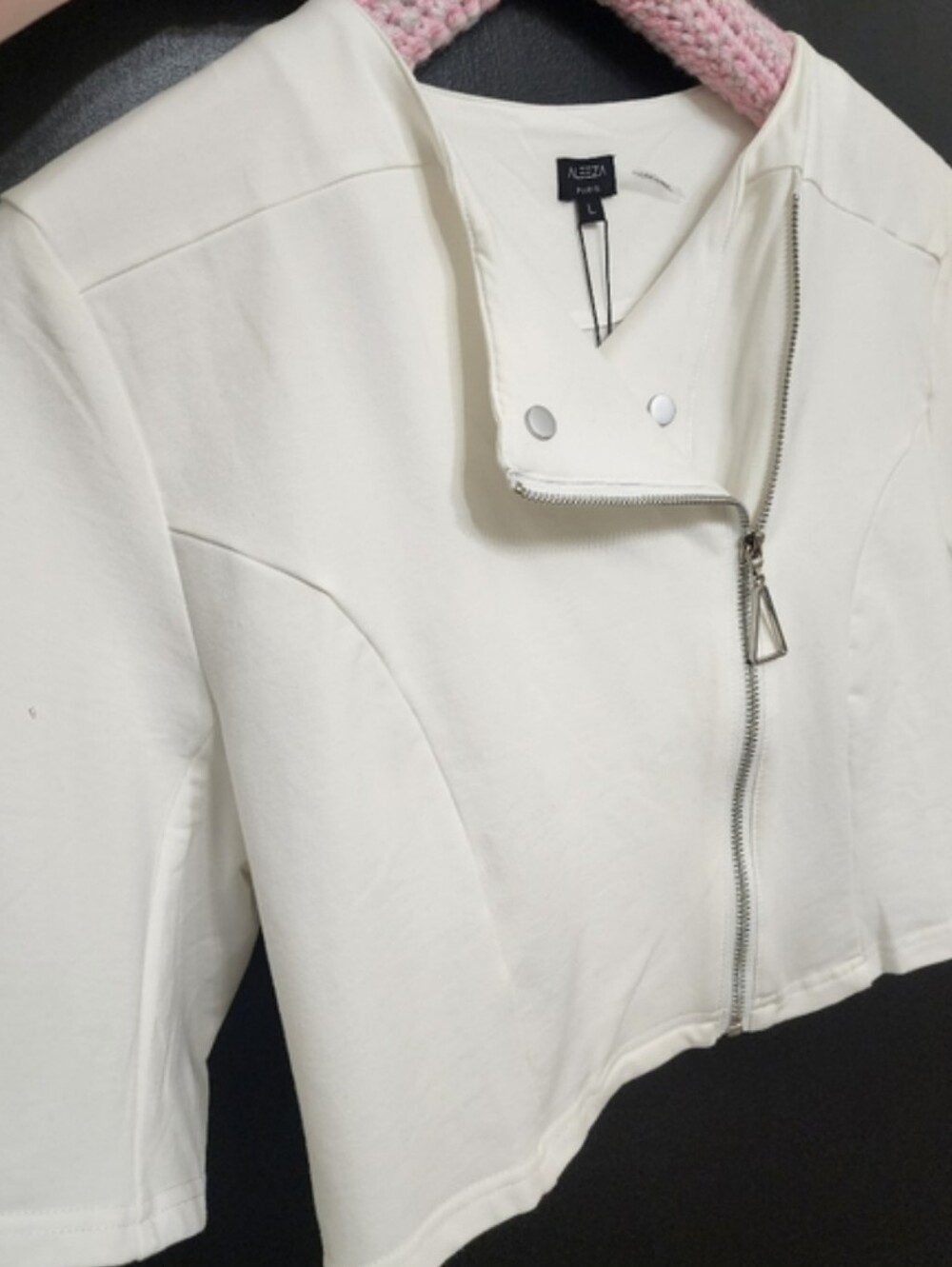 Aleeza Paris Naomi Stretch Ivory White Biker Jacket Top Moto Crop Large NWT - Picture 7 of 12